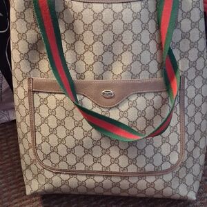 Gucci Beige Tote Bag with Green and Red Straps